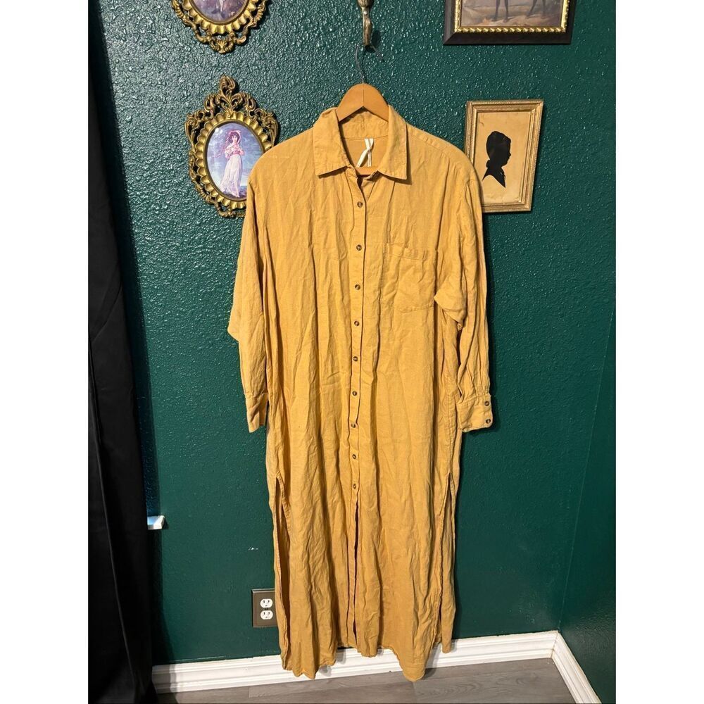By Anthropologie Oversized Linen Button-Front Maxi Dress Sz Small Tan Orange